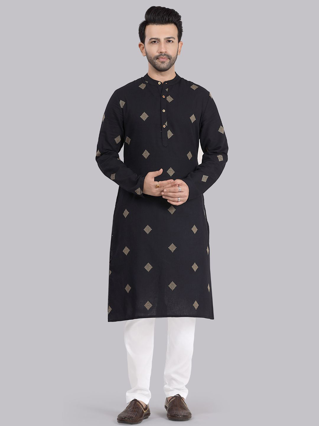 Saffron Threads Men Diamond Woven Design Festive Cotton Straight Kurta