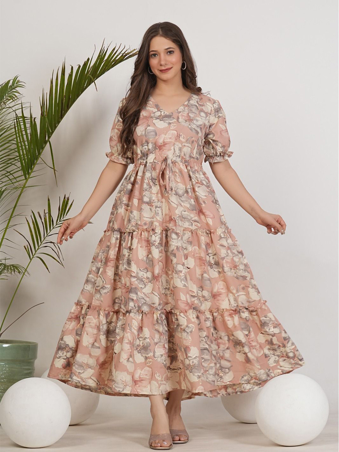 UNIBLISS Floral Printed V-Neck Fit And Flare Dress