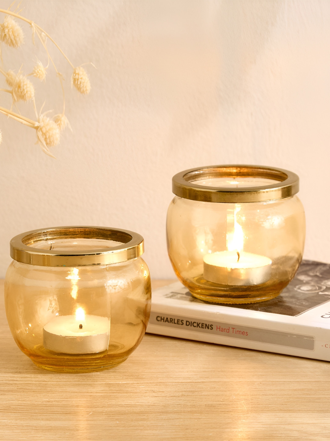 Home Centre Salsa Anogha Gold-Toned 2 Pieces Glass T-Light Candle Holders