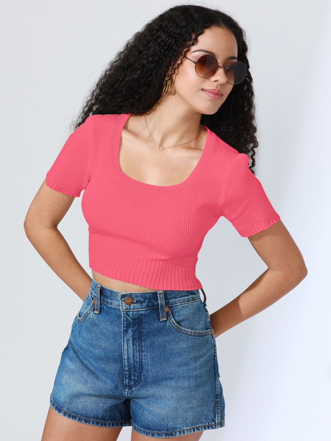 SHOWOFF Women Square Neck Ribbed Tank Crop Top