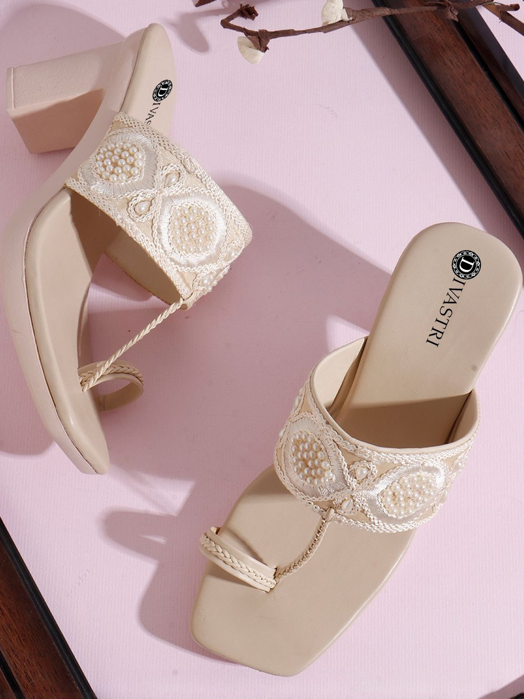 DIVASTRI Women Cream  Embellished Peep Toe Open Back Ethnic Block Heel Sandal