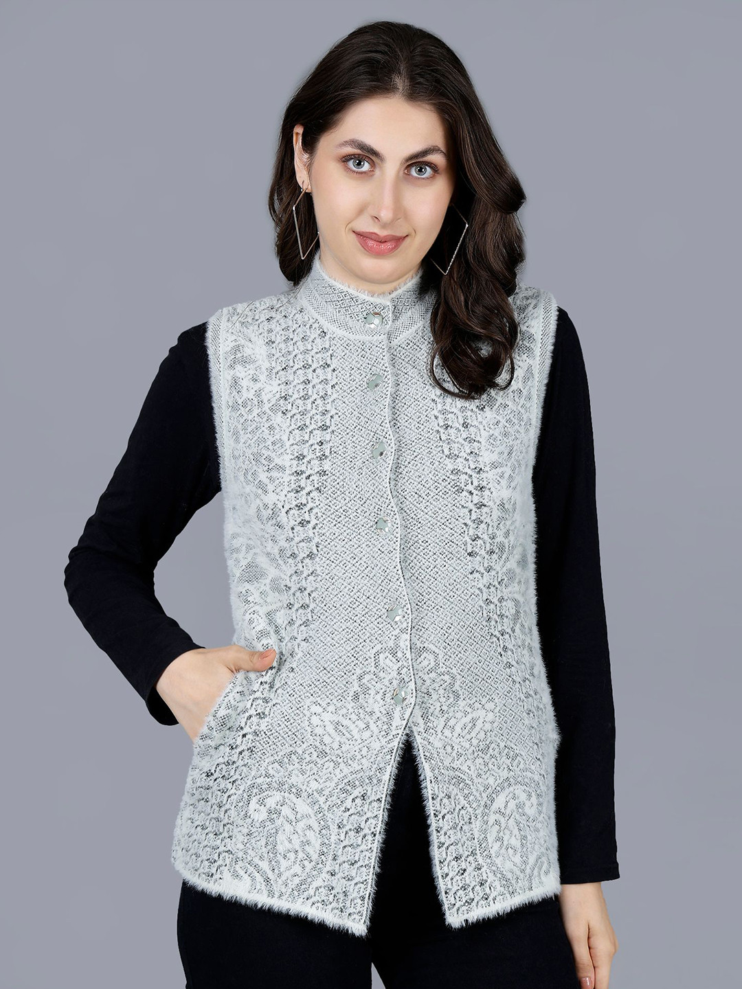 Chatanya Women Mock Collar Woollen Cardigan