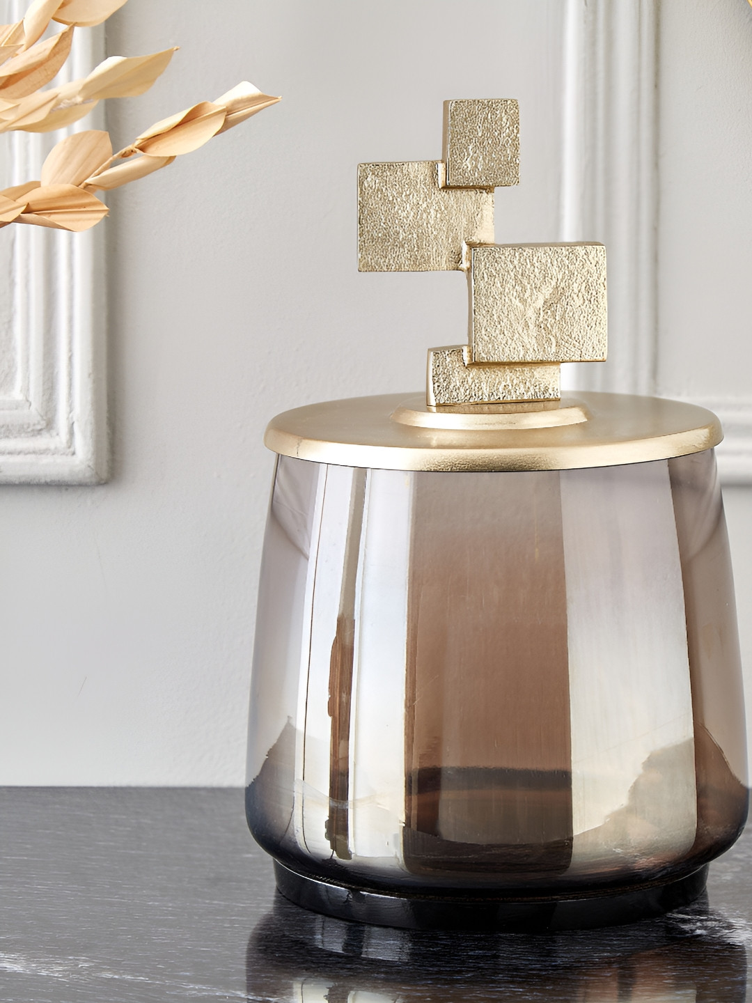 Home Centre Brim Royale Blocks Gold Toned & brown Glass Decorative Jar