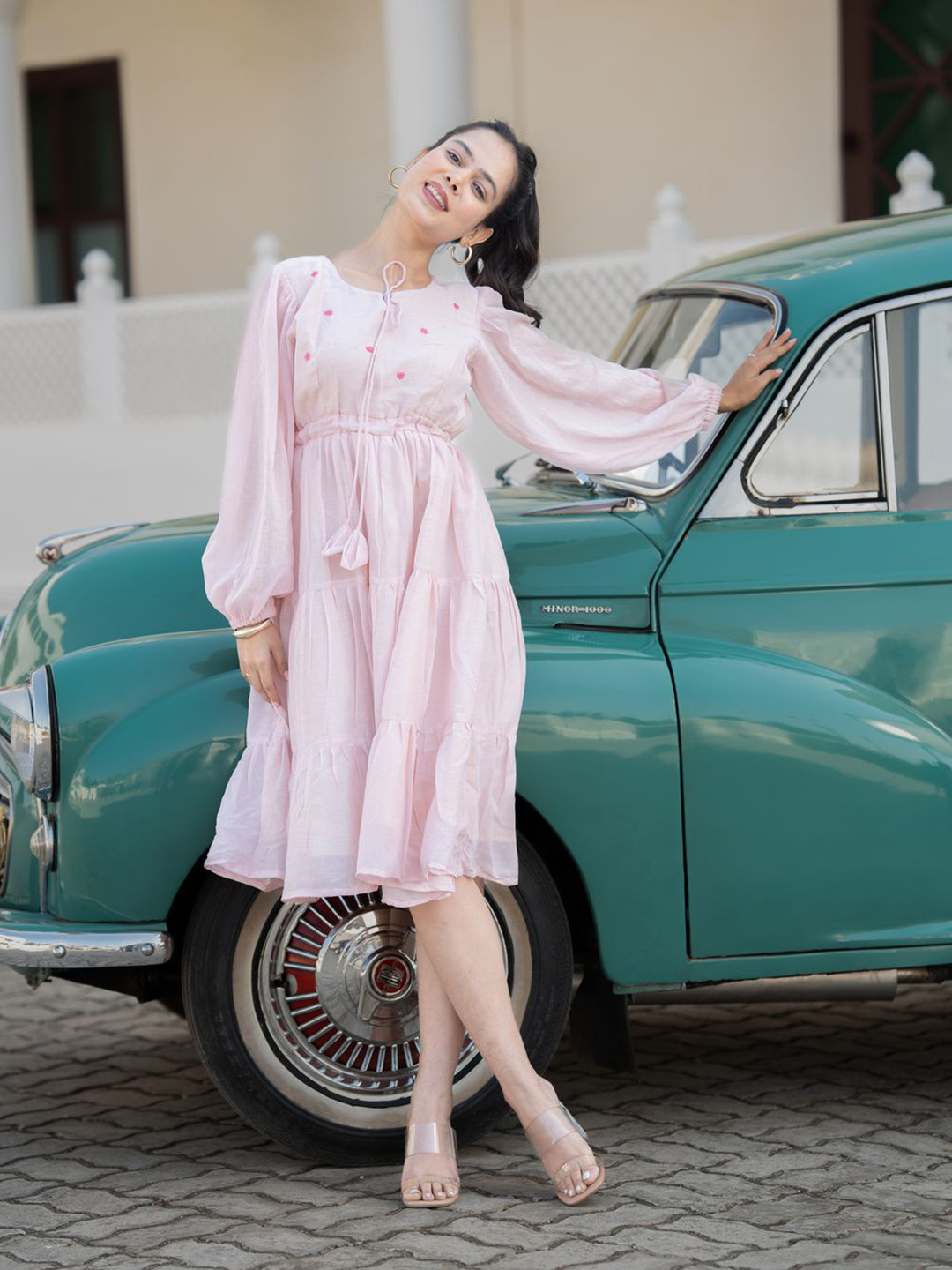 Meeshara Tie-Up Neck Puff Sleeves Tiered Cotton Fit & Flare Midi Dress