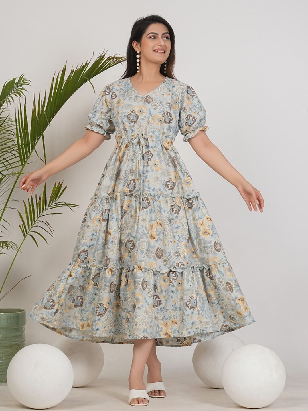 UNIBLISS Floral Printed V-Neck Fit And Flare Dress