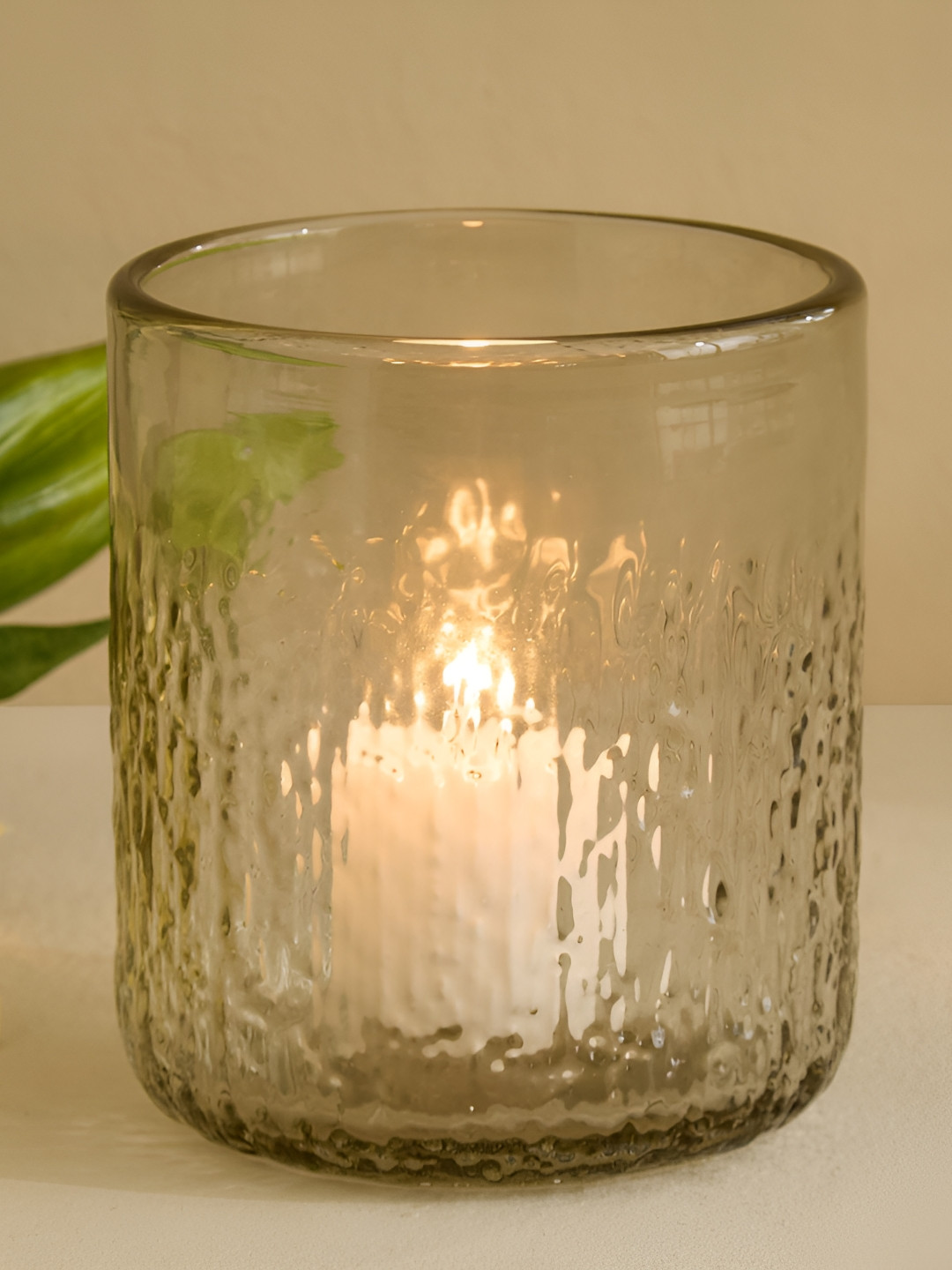 Home Centre Botanica Flufois Beige Textured Glass Candle Holder