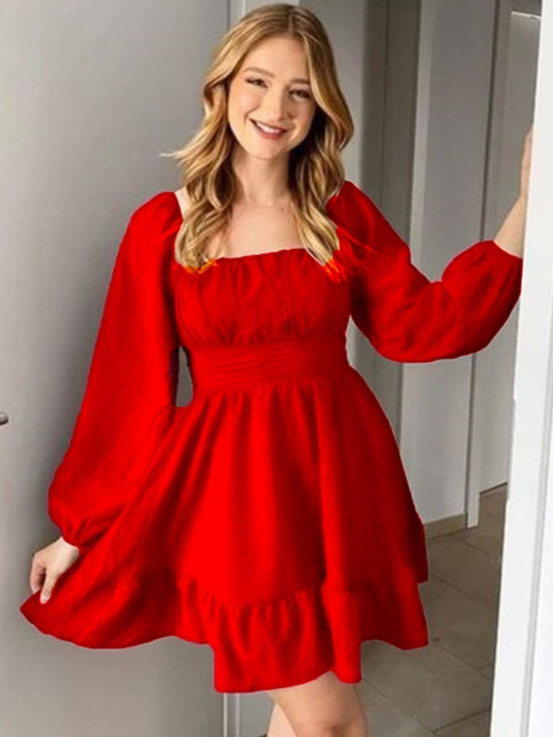 FLORINES Women Puff Sleeve Ruffled Fit & Flare Dress