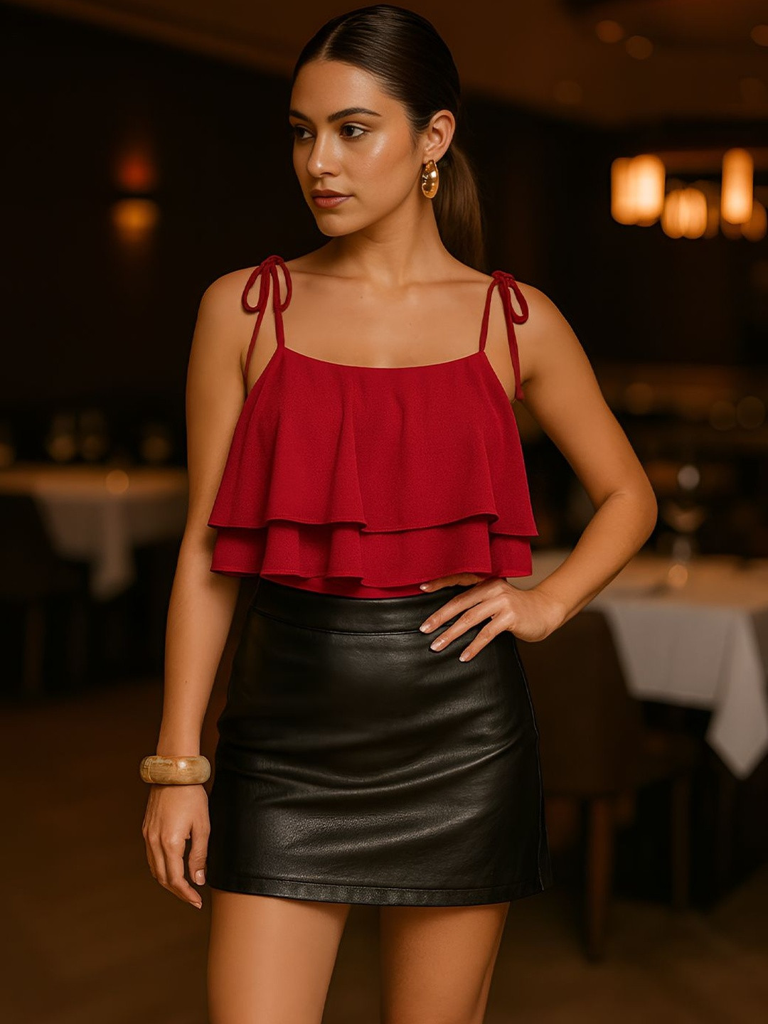 don't be basic Women Ruffles Shoulder Straps Regular Crop Top