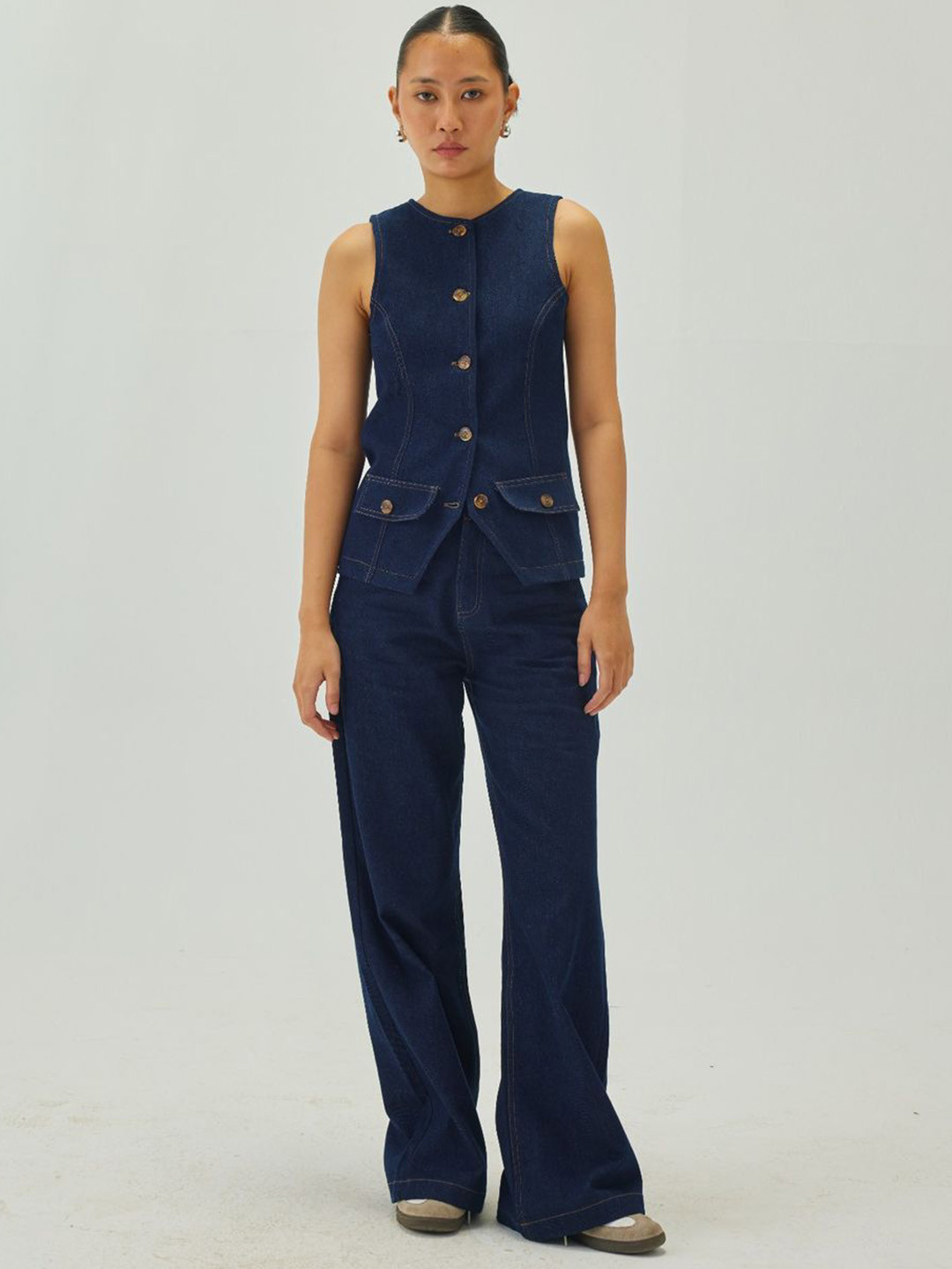 Shop Staple Women Blue Denim Oval Neck Waistcoat