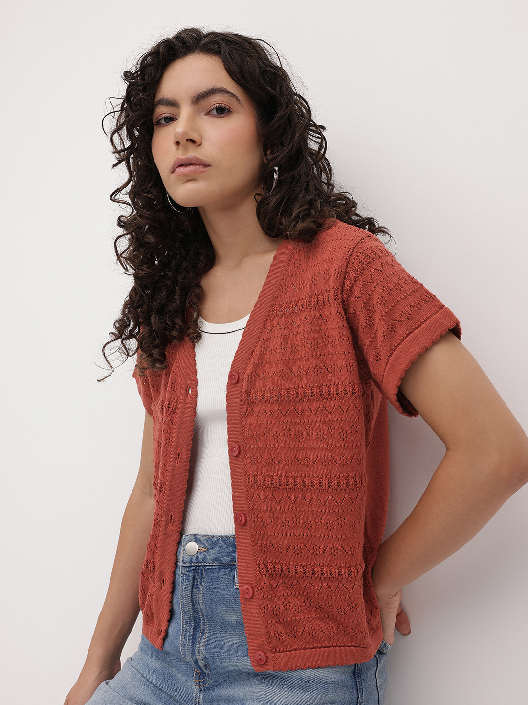 The Roadster Life Co. Knitted Self Design Shirt Style Top