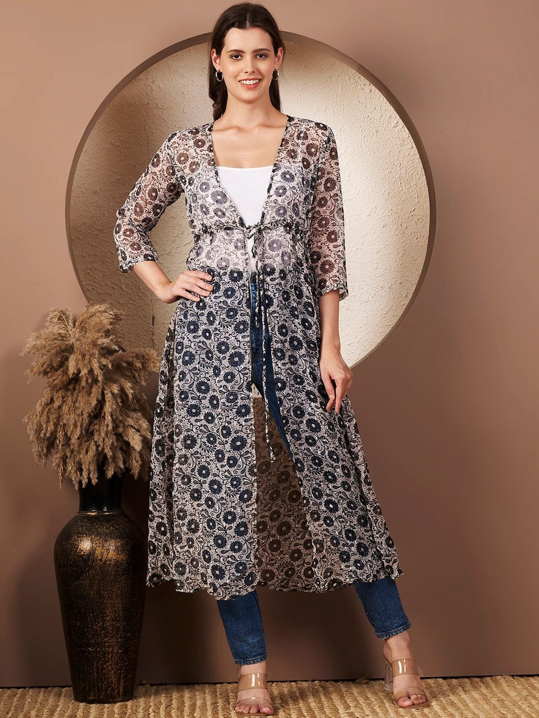 Corsica Women Black Chiffon Floral Butti Long Shrug