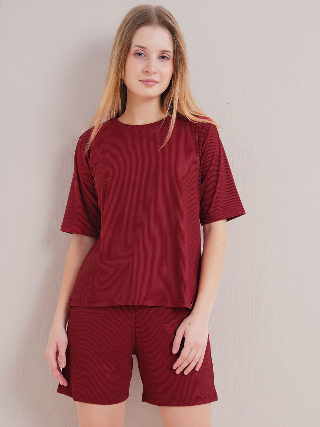 L&M Leisure and Moods Women Striped Round Neck T-shirt With Shorts Co-Ords