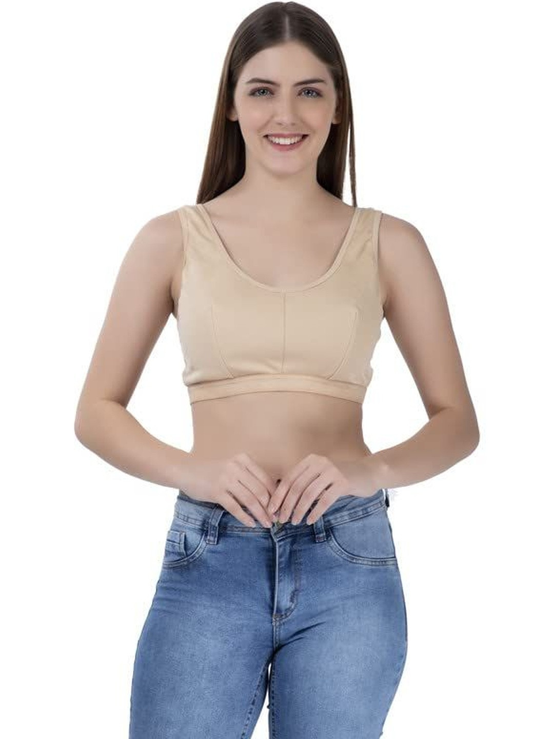 FEMULA Women Beige High Coverage Non-Padded Stretch Cotton Sports Vest Bra
