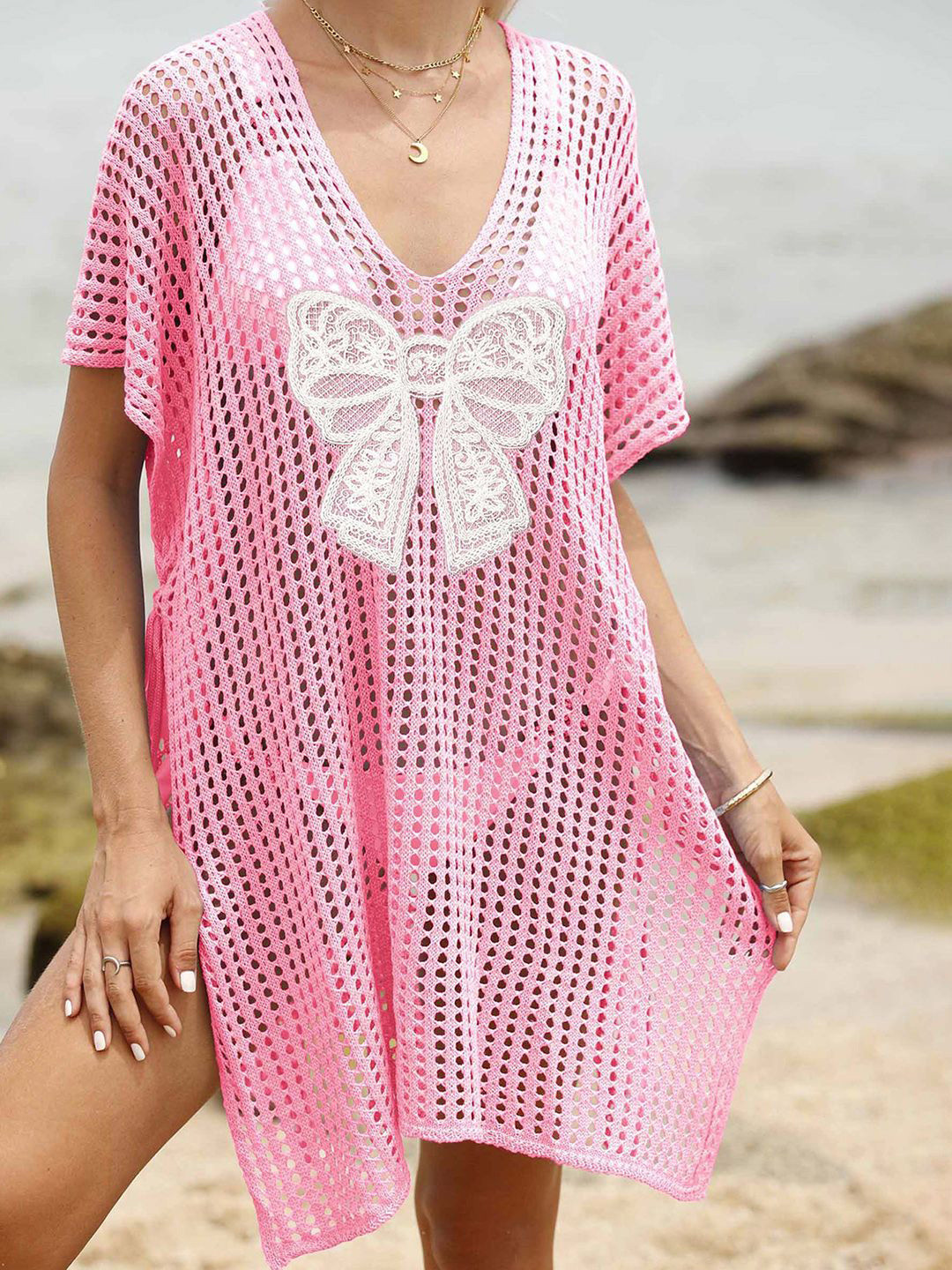 JC Mode Self Design V-Neck Swimwear Bow Detail Cover Up Top