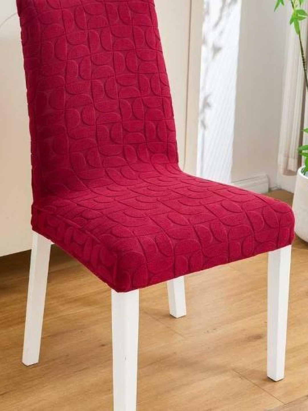 HOMETHREADS Maroon Jacquard Self Designed Stretchable Chair Covers