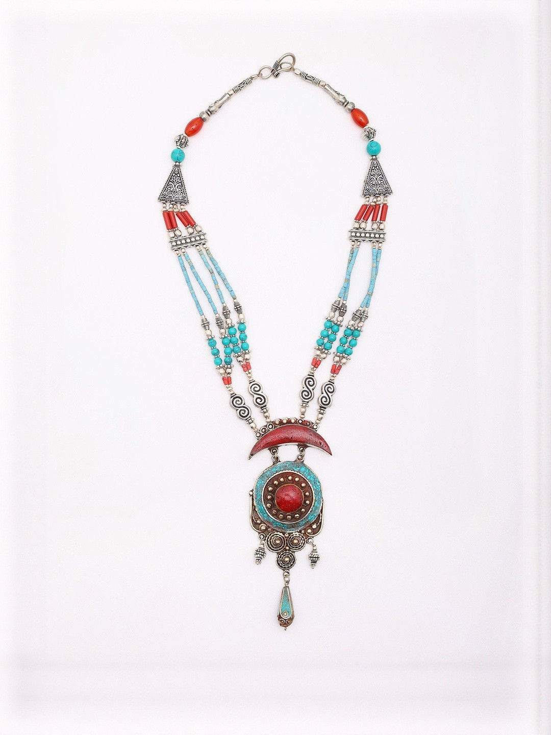 Exotic India Tibetan Style Turquoise Stone Studded Oxidised Necklace