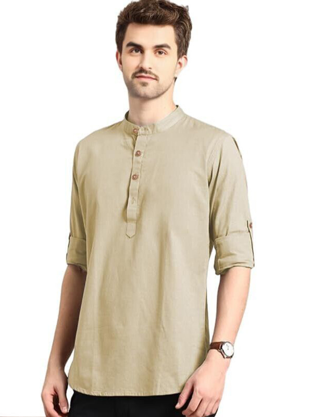AMRIT TOP WEAR Band Collar Roll-Up Sleeves Pure Cotton Straight Kurta