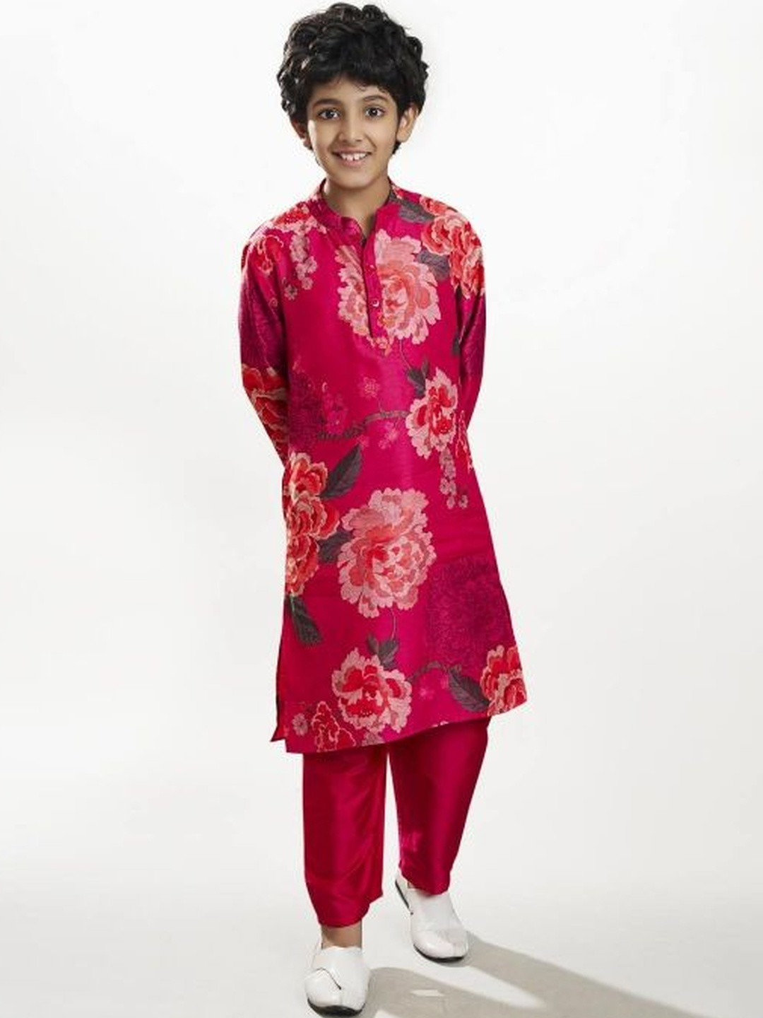 Bittu By Bhama Boys Floral Printed Mandarin Collar Regular Kurta with Pyjamas