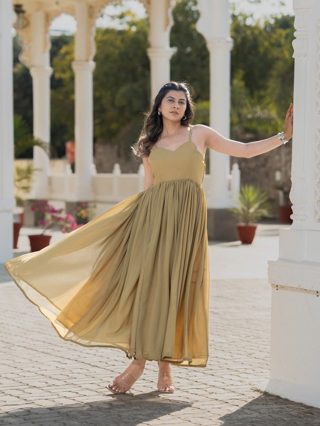 Meeshara Women Shoulder Straps Pleated Detail Fit and Flare Maxi Dress