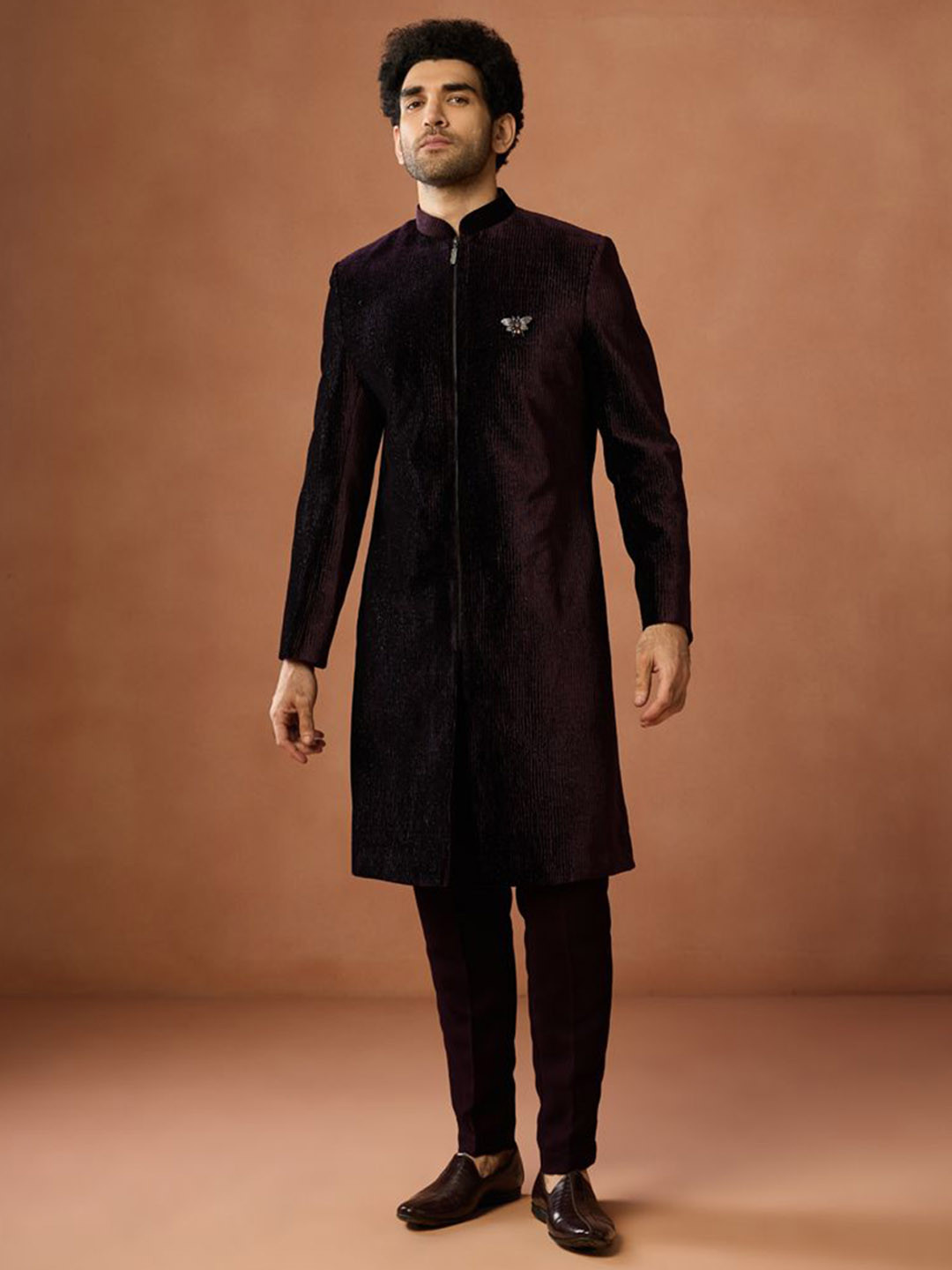 KISAH Men Wine Polyviscose Zipper Indowestern Sherwani with Zip Trouser Set