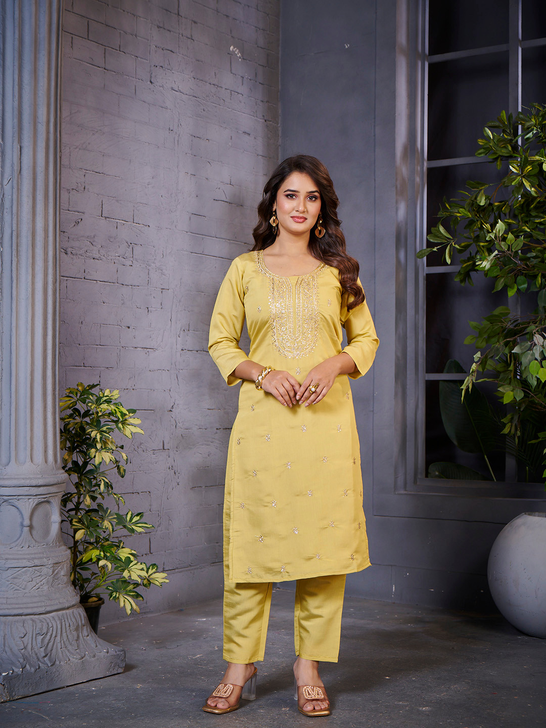 Globon Impex Women Yellow Embroidered Straight Kurta with Trouser