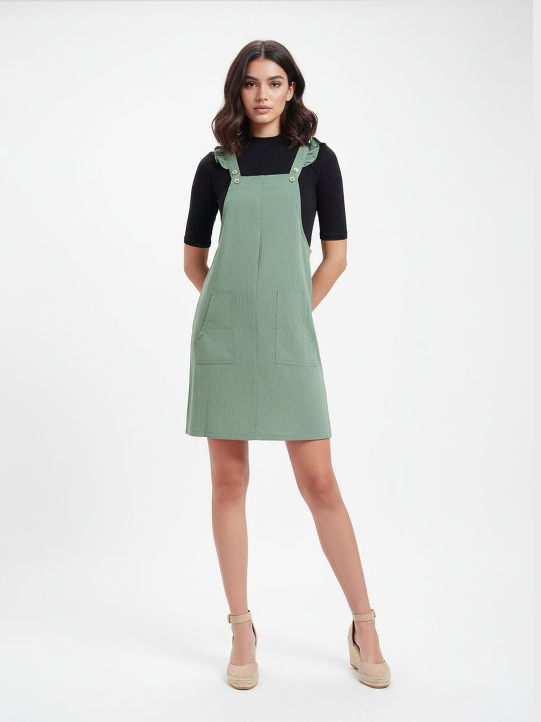 DressBerry Crinkled Effect Flutter Sleeves Pinafore Mini Dress with Pockets