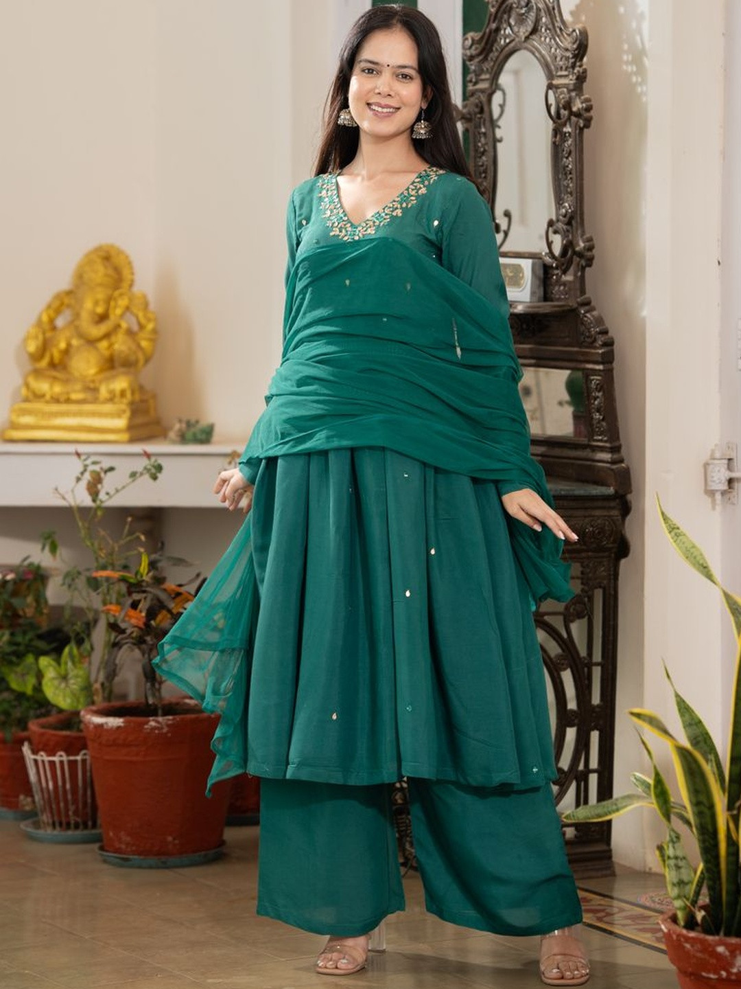 Meeshara Women Ethnic Motifs Embroidered Silk Anarkali Kurta with Palazzos & Dupatta