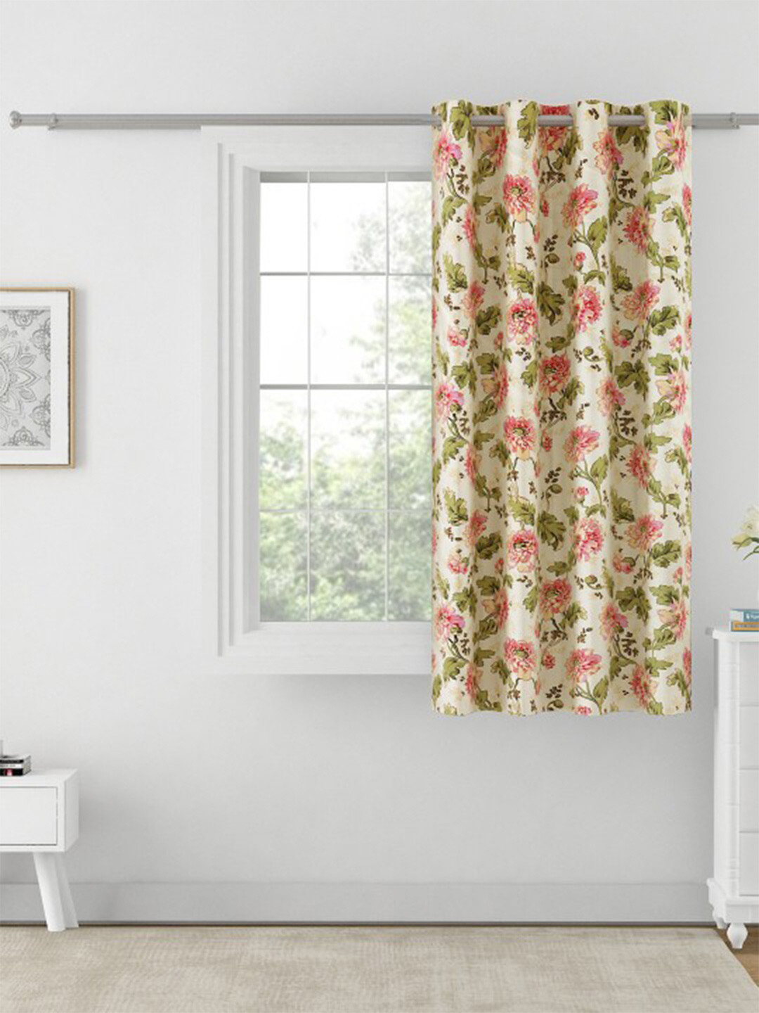 SWAYAM Omega Beige & Green Floral Room Darkening Window Curtain