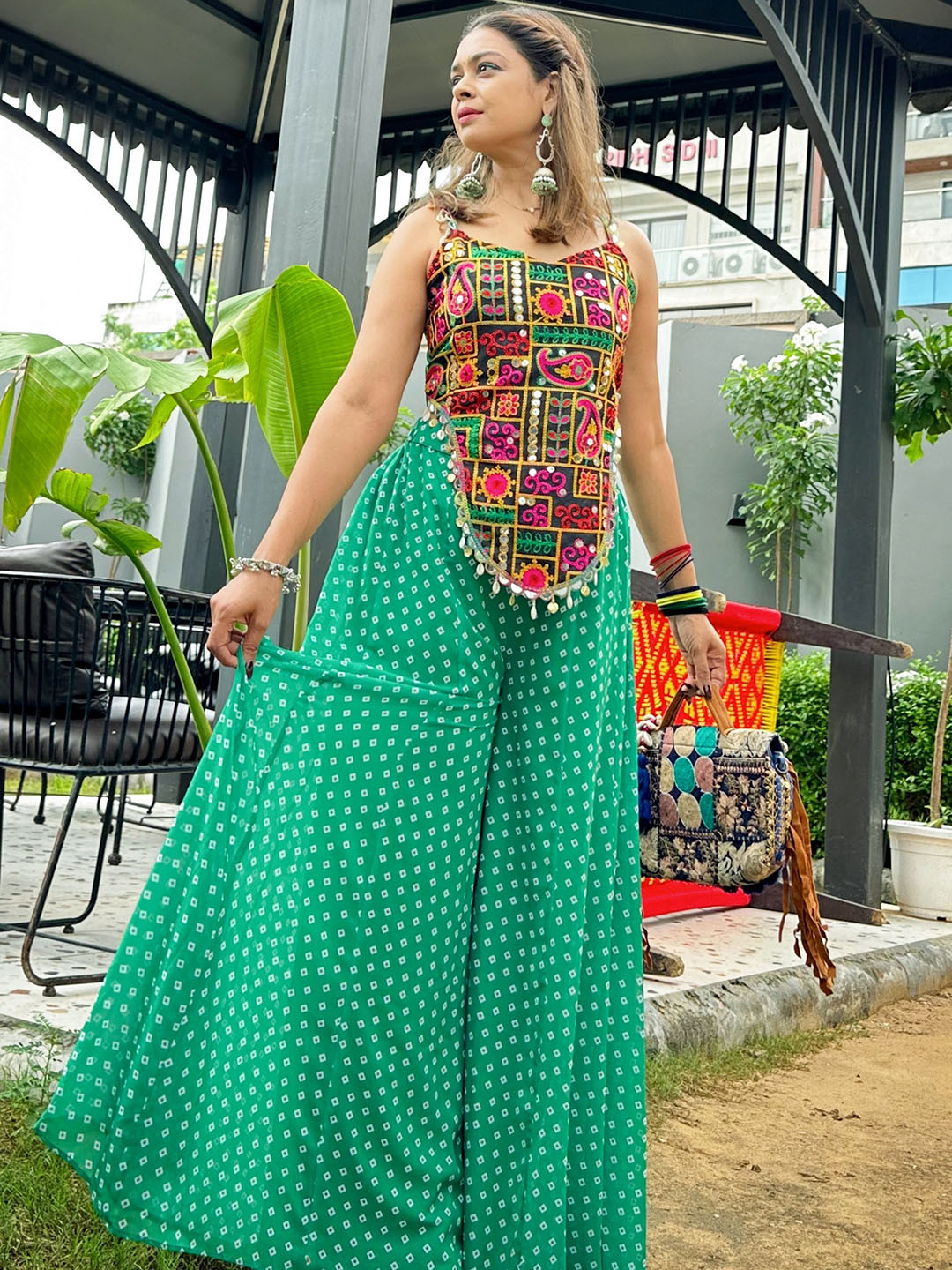 LABEL KANUPRIYA Women Mirrorwork Top With Green Bandhni Sharara