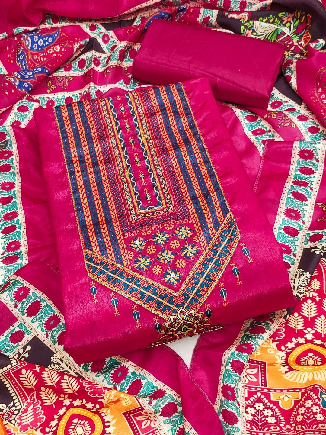 KALINI Printed Silk Blend Unstitched Dress Material Dress Material