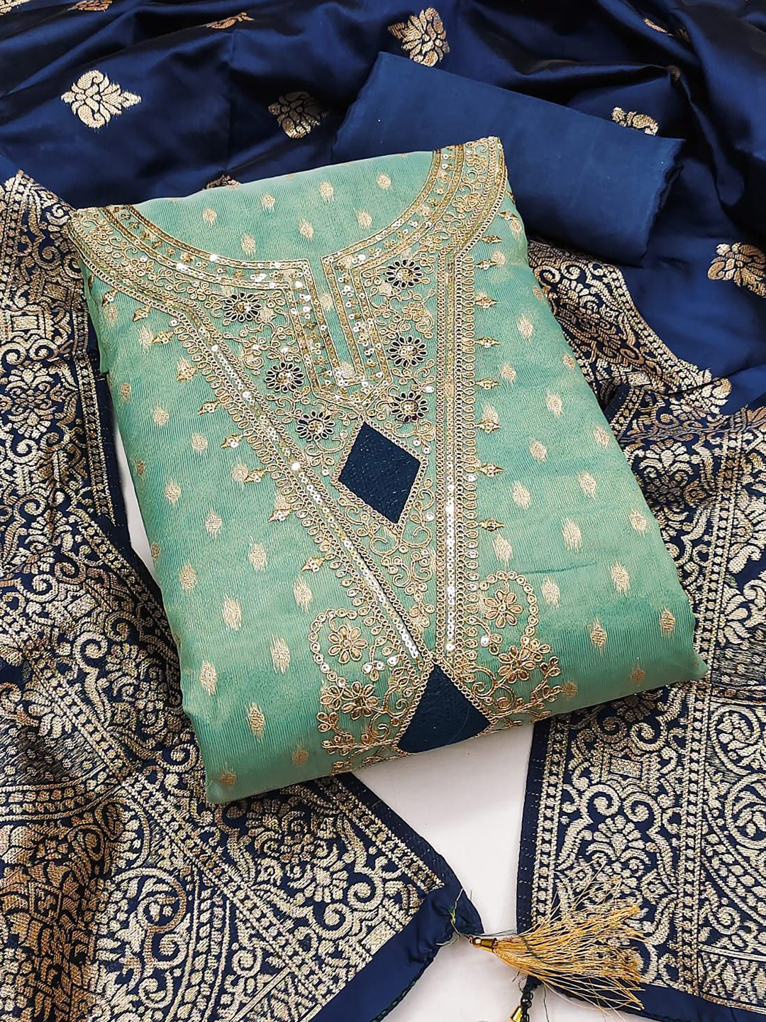 HMP Fashion Ethnic Motifs Embroidered Sequinned Chanderi Silk Unstitched Dress Material