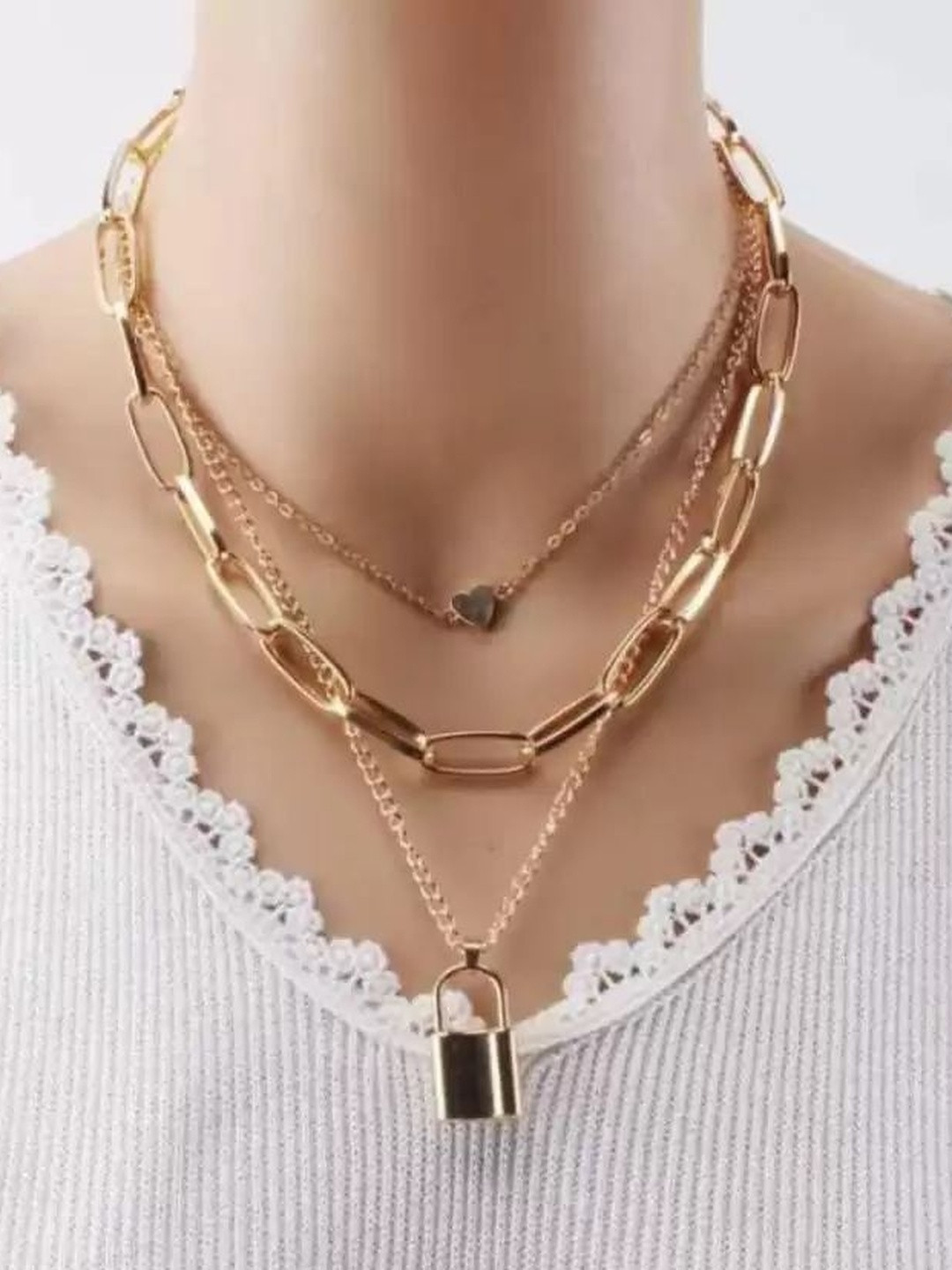 MASUMEEN TRADERS Three Layered Statement Love Heart Lock Pendant Necklace