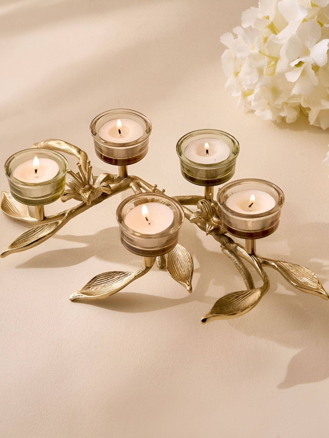 Home Centre Amara Ava Gold-Toned Floral Textured Glass T-Light Candle Holder