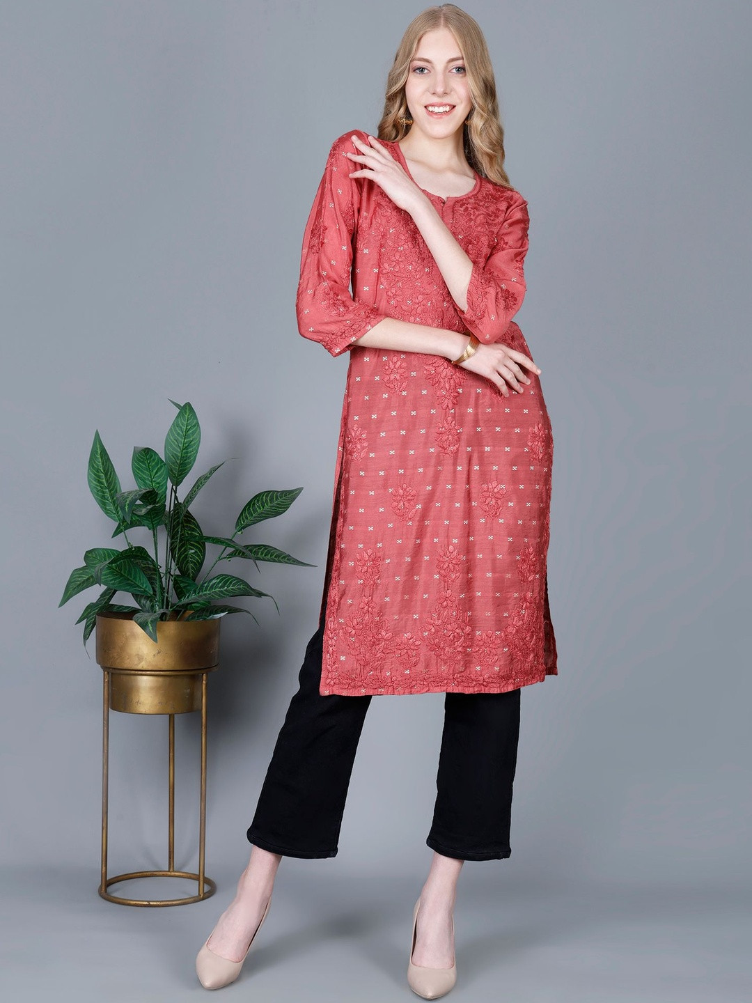 THE CHIKANKARI STORY Women Orange Chikankari Hand Embroidery Lucknowi Chanderi Long Kurti