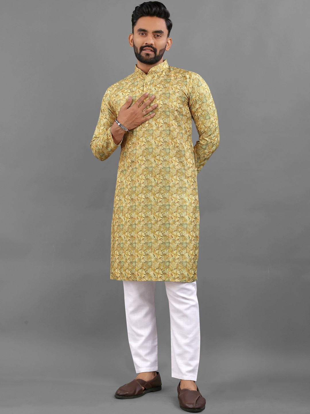 KRIJET Floral Printed Mandarin Collar Kurta with Pyjamas
