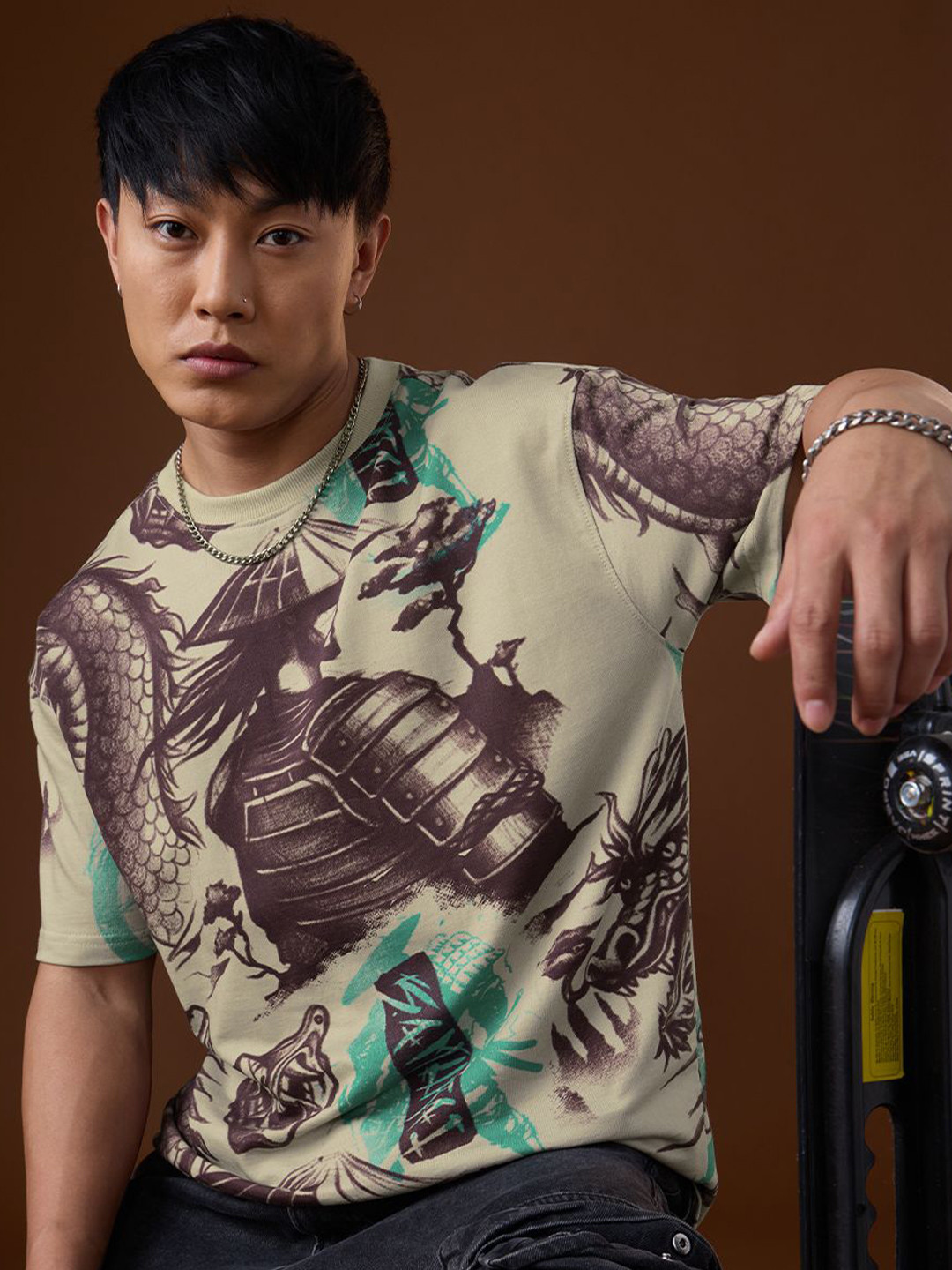 The Souled Store Men Oversized Fit Printed Beige T-Shirts