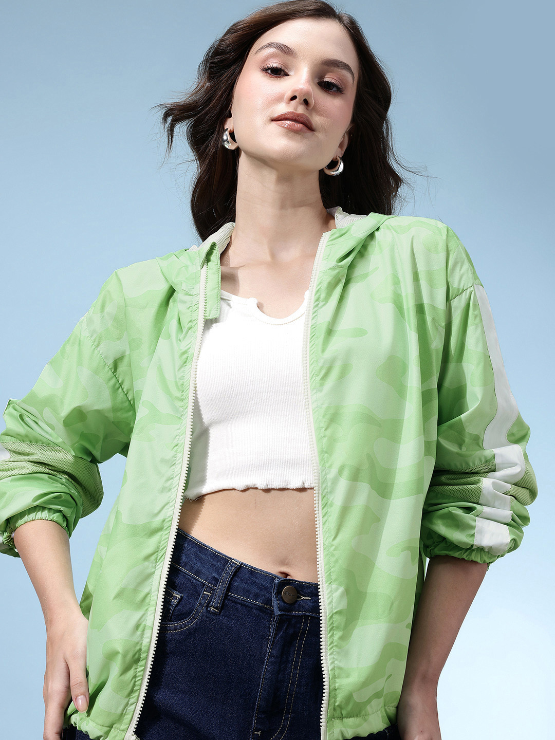 glitchez Camouflage Hooded Oversized Windcheater Jacket With Side Stripe Detail