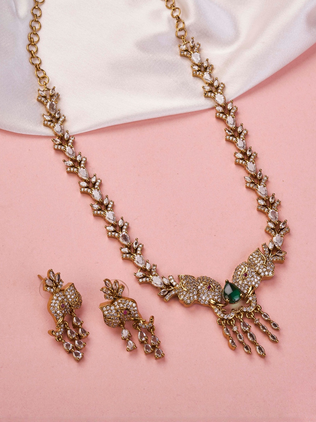 Opal Touch Gold-Plated Cubic Zirconia Studded Elephant Design Jewellery Set