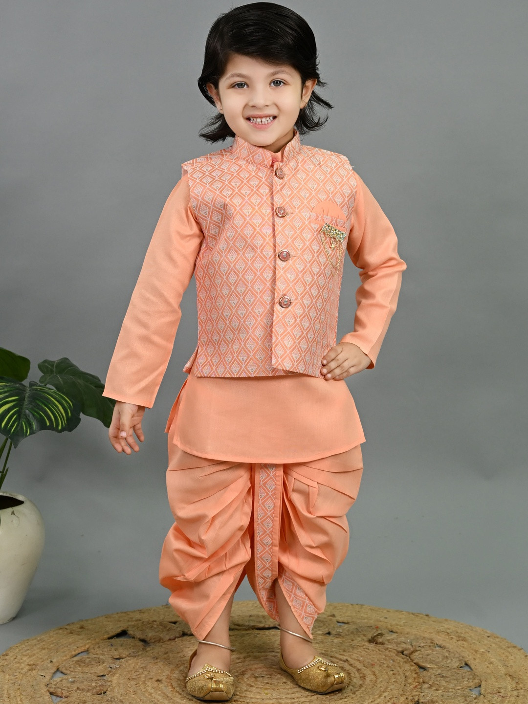 Sangria Boys Cotton Silk Kurta & Dhoti Pants With Waistcoat