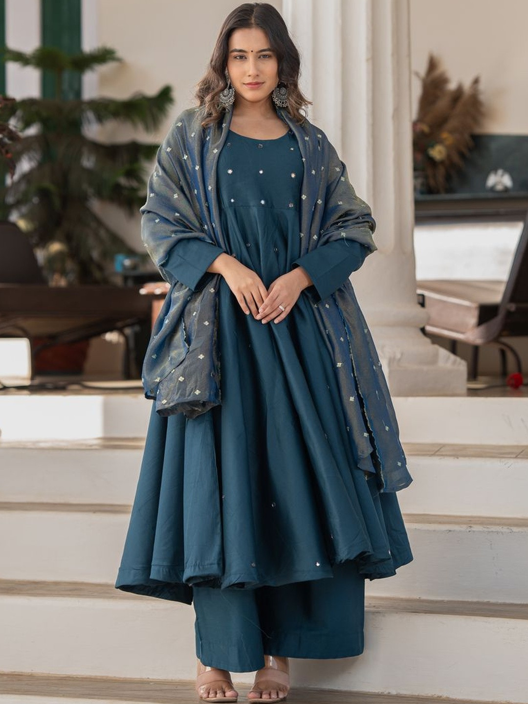 Meeshara Women Solid Silk Anarkali Kurta with Palazzos & Dupatta