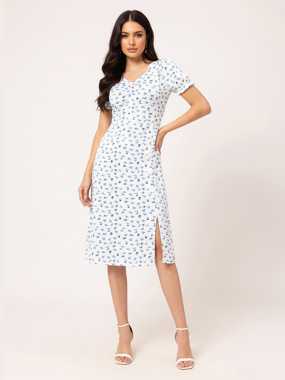 DressBerry Ditsy Dreams Ruched Floral Print Sheath Midi Dress