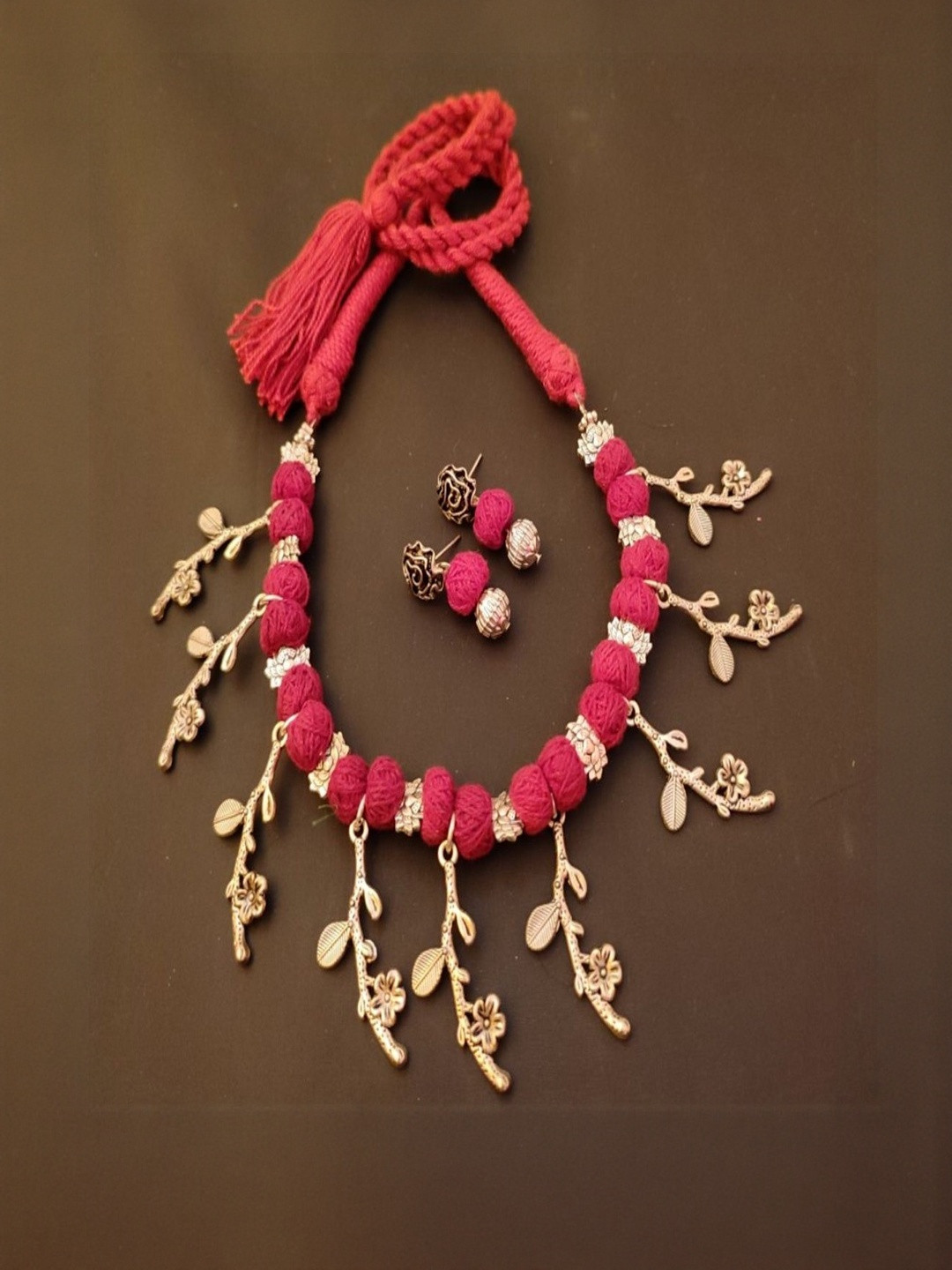 JewelSana  Women German Silver Oxidised Metal Choker Necklace with Red Threads