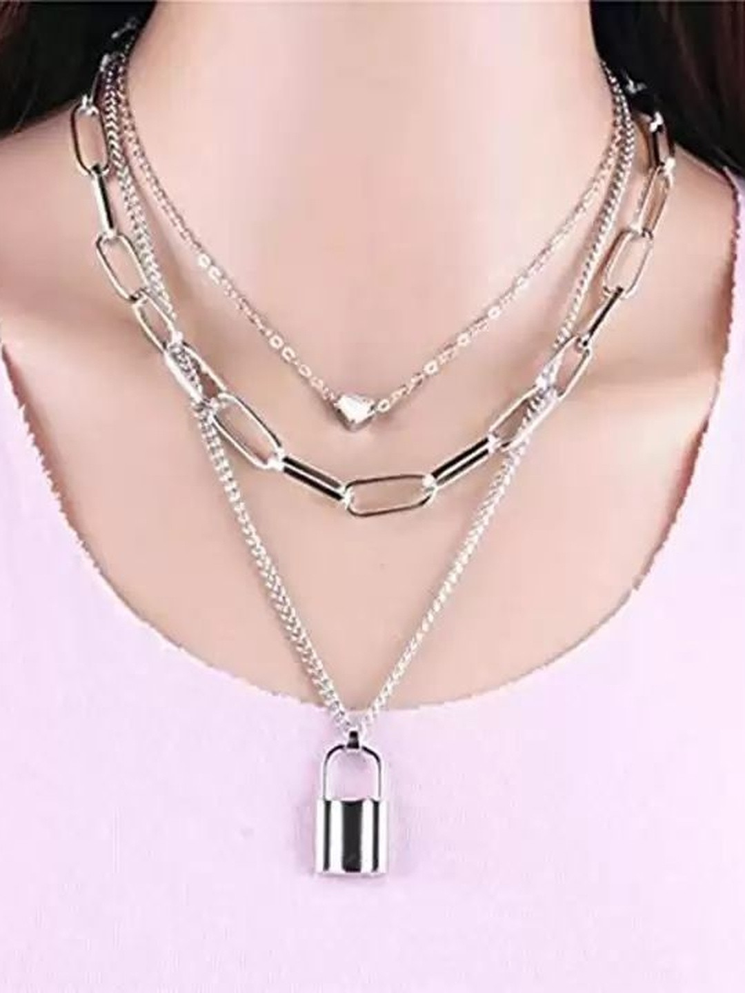 Jewelfy Layered Love Heart Lock Pendant Necklace