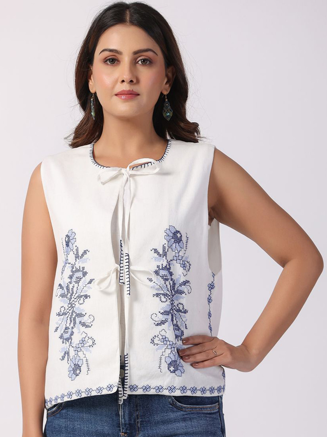 STIL O STITCH Women Collarless Floral Printed Lightweight Tailored Jacket