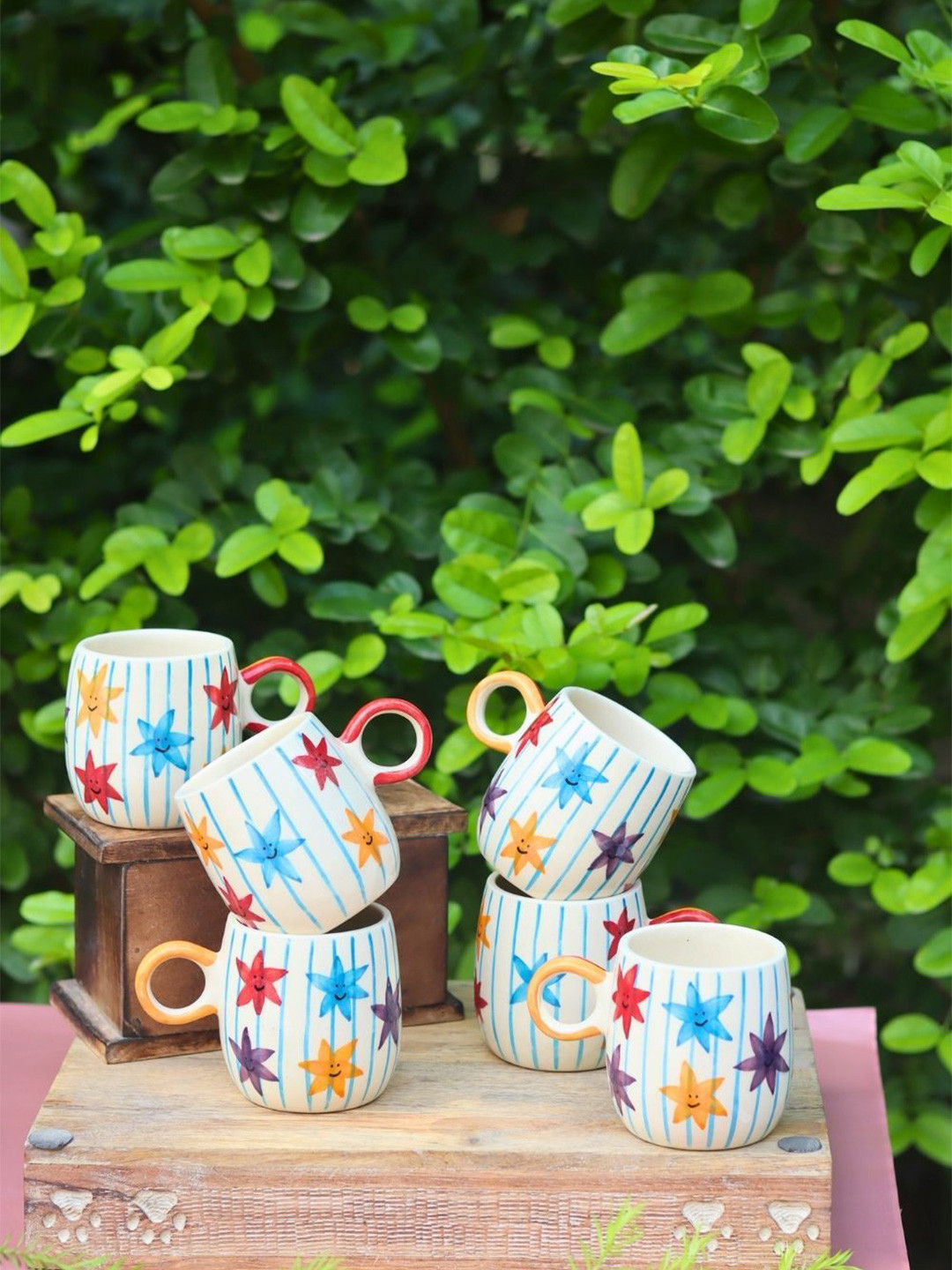 WEAVING HOMES White & Blue 6 Pieces Star Printed Ceramic Glossy Mugs-250 ml Each