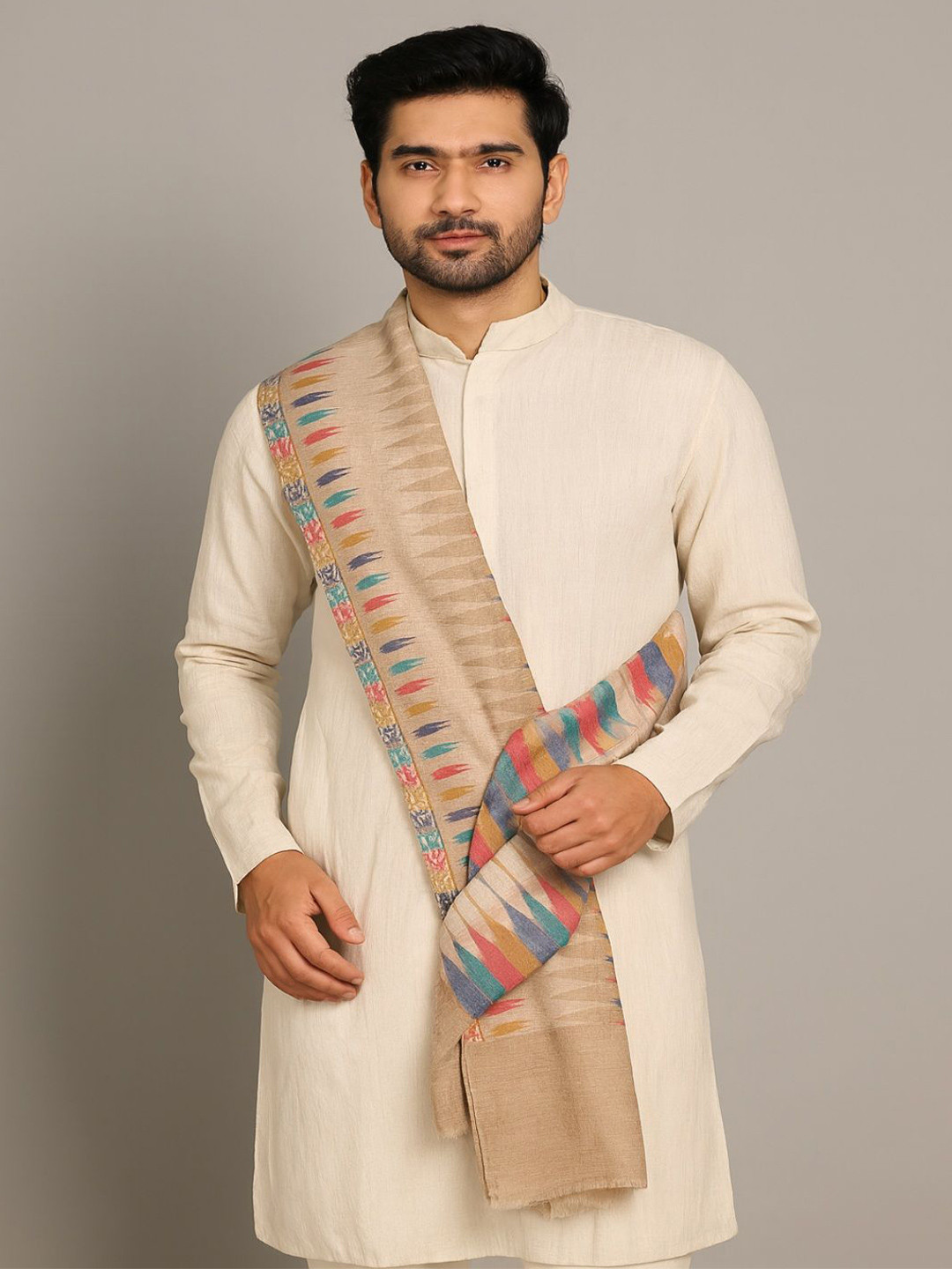 MUFFLY Men Ikat-Inspired Woven Fine Wool Stole