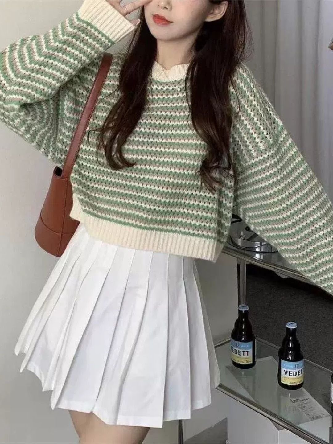 HERE&NOW Women Long Sleeves Striped Polyester Sweater