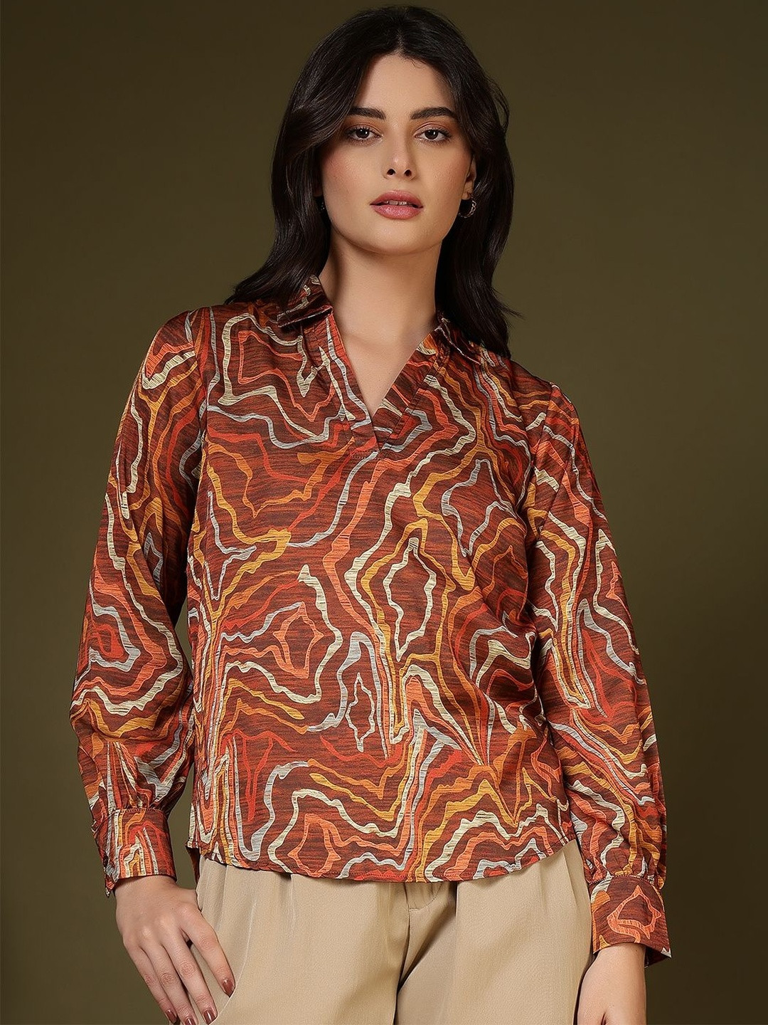 All About You Formals Abstract Printed Shirt Collar Satin Shirt Style Top