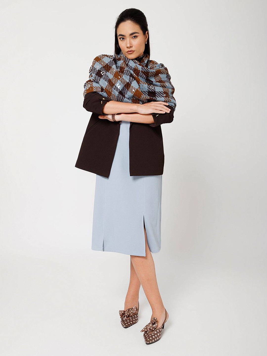 OFFICE & YOU Women Checked Printed Scarf With Foil Print