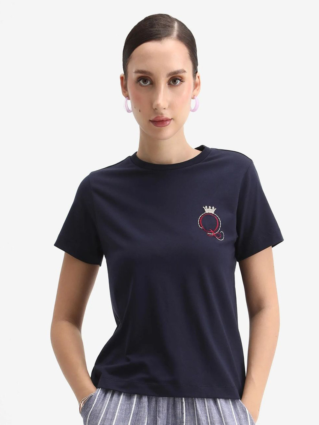 RAREISM Mer Primary Embroidered Round Neck Cotton T-Shirt